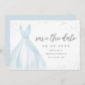 Elegant blauwe jurk redt de datum quinceanera save the date (Voorkant / Achterkant)