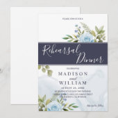 Elegant blauwe rozen proefbruiloftdiner kaart (Voorkant / Achterkant)