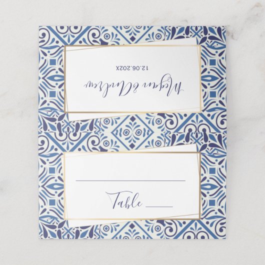Elegant blauwe tegels en gouden plaatskaart (Buitenkant ongevouwen)