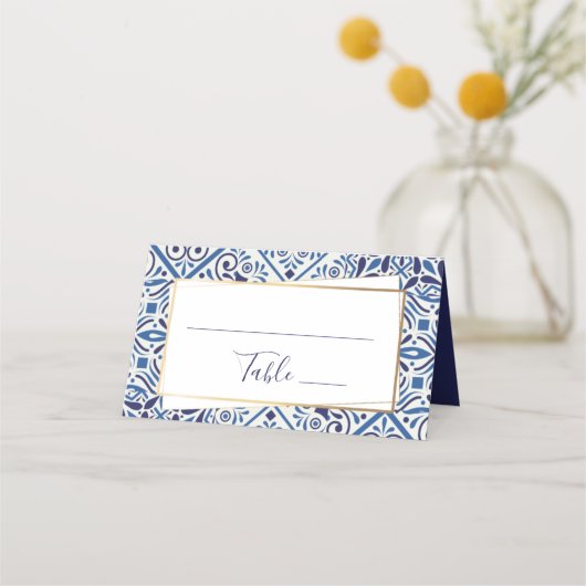 Elegant blauwe tegels en gouden plaatskaart (Voorkant)