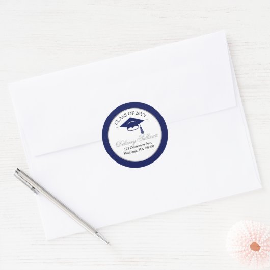 Elegant Blauwe Universiteit Afstudeer Retouradres Ronde Sticker (Envelop)