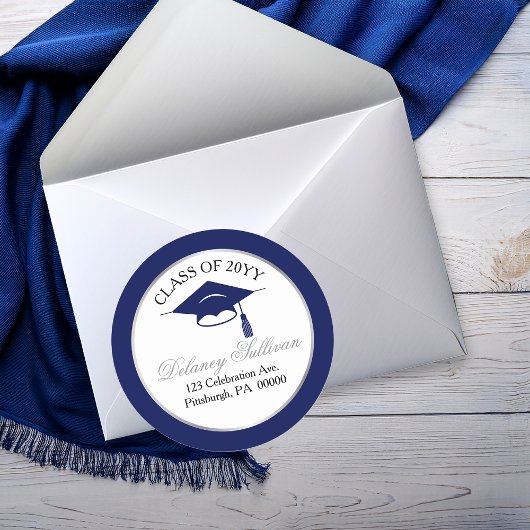 Elegant Blauwe Universiteit Afstudeer Retouradres Ronde Sticker