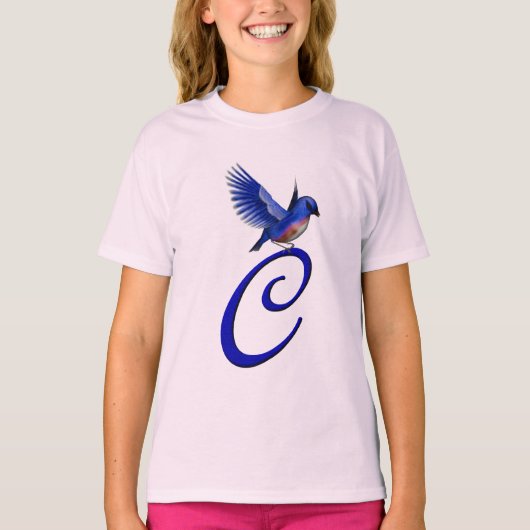 Elegant Blauwe Vogel Monogram Beginletter C  T-shirt (Voorkant)