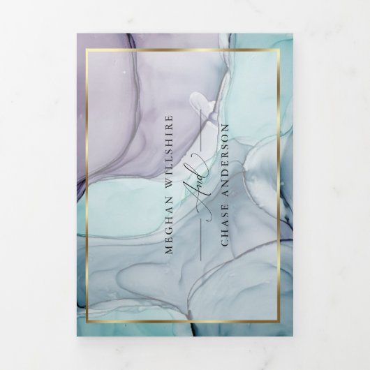 Elegant Blauwgroen Amethyst Alcohol Ink Tri-Fold I Drieluik Uitnodiging (Cover)