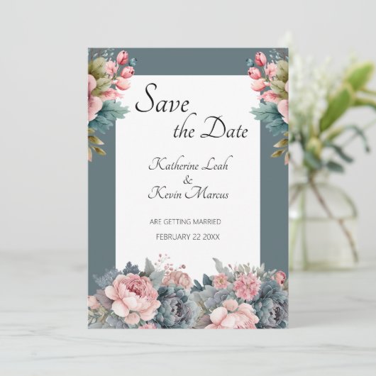 Elegant Blauwgroen Blauw Bloemen Bruiloft Save the Kaart (Staand voorkant)