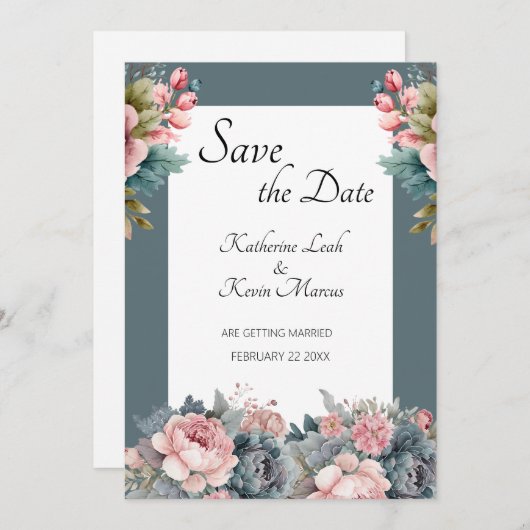 Elegant Blauwgroen Blauw Bloemen Bruiloft Save the Kaart (Voorkant / Achterkant)