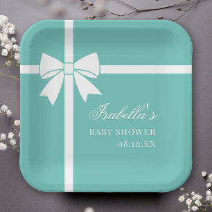 Elegant Blauwgroen blauw en wit lint boog Baby sho Papieren Bordje