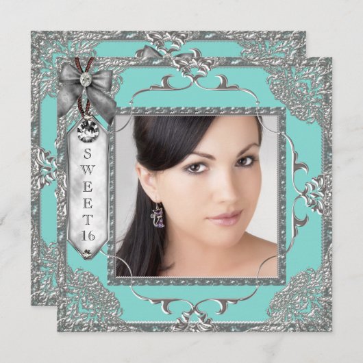 Elegant Blauwgroen Blauw en Zilver Sweet 16 Party Kaart (Voorkant / Achterkant)