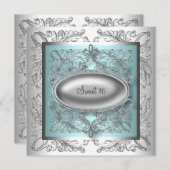 Elegant Blauwgroen Blauw en Zilver Verjaardagsfees Kaart (Voorkant / Achterkant)