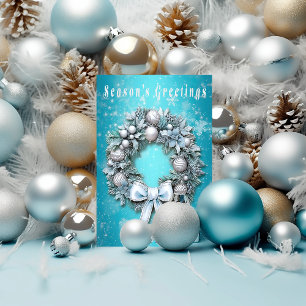 Elegant Blauwgroen Blauw & Zilveren Krans Kerstmis Folie Feestdagenkaart