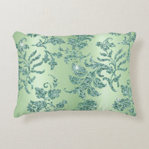 Elegant Blauwgroen Bloemen Zilver Gilitter Design Accent Kussen