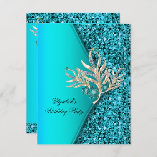 Elegant Blauwgroen Blue Aqua Glitter Birthday Part Kaart (Voorkant / Achterkant)