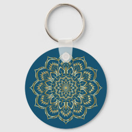 Elegant Blauwgroen Blue en Gold Floral Mandala Pat Sleutelhanger