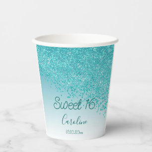 Elegant Blauwgroen Blue Glitter Sweet 16 Birthday Papieren Bekers
