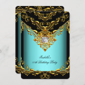 Elegant Blauwgroen Blue Gold Gold Birthday Kaart (Voorkant / Achterkant)