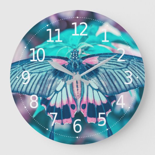 Elegant Blauwgroen Butterfly Close-up | Wandklok Grote Klok (Voorkant)