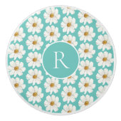 Elegant Blauwgroen Daisy Pattern Monogram Ceramic  Keramische Knop (Voorkant)