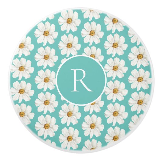 Elegant Blauwgroen Daisy Pattern Monogram Ceramic  Keramische Knop (Voorkant)