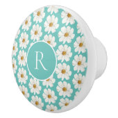 Elegant Blauwgroen Daisy Pattern Monogram Ceramic  Keramische Knop (Rechts)