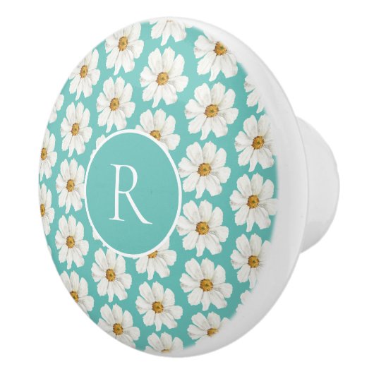 Elegant Blauwgroen Daisy Pattern Monogram Ceramic  Keramische Knop (Rechts)
