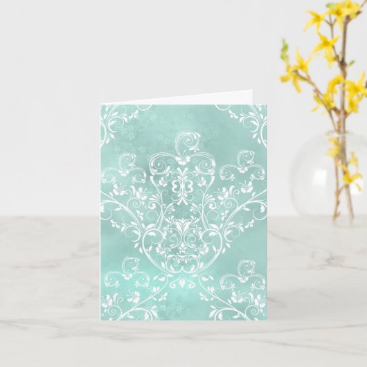 Elegant Blauwgroen Damask Note Kaart (Gele Bloem)