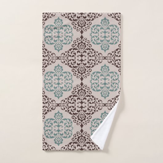 Elegant Blauwgroen en Bruin Damaskpatroon op Beige Bad Handdoek (Handdoek)
