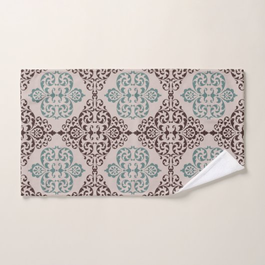 Elegant Blauwgroen en Bruin Damaskpatroon op Beige Bad Handdoek (Handdoek)