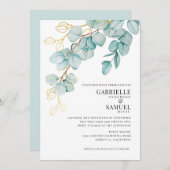 Elegant Blauwgroen en Gold Eucalyptus Wedding Invi (Voorkant / Achterkant)