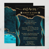 Elegant Blauwgroen en Gold Faux Glitter Agate Wedd Menu (Voorkant / Achterkant)