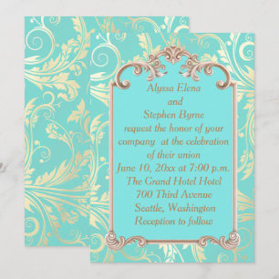 Elegant Blauwgroen en Gold Wedding Invitation Kaart