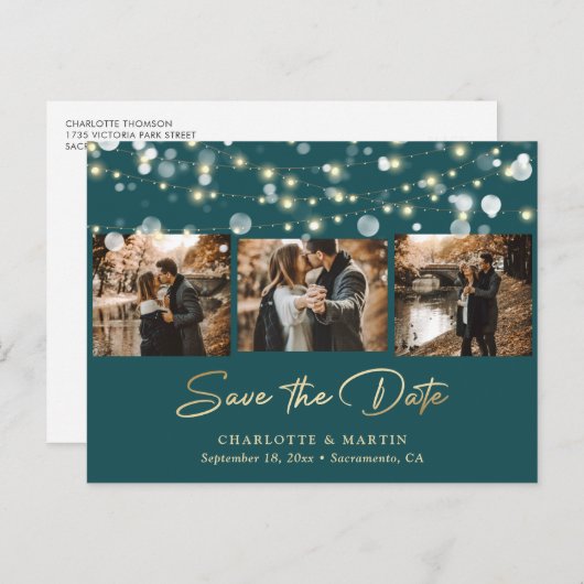 Elegant Blauwgroen en Gold Wedding Photo Save the Aankondigingskaart (Voorkant / Achterkant)