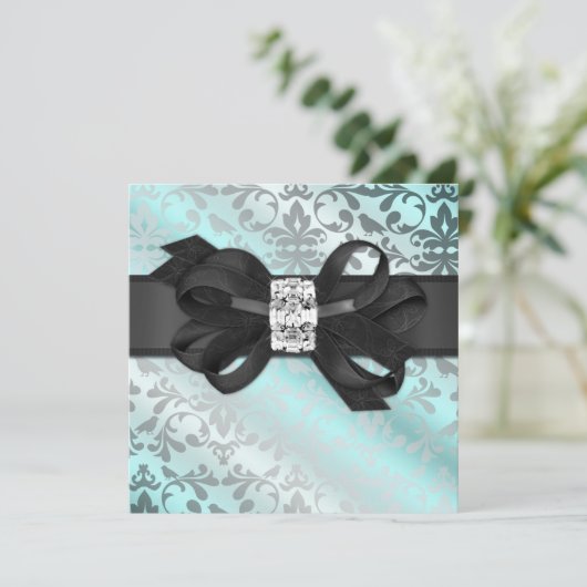 Elegant Blauwgroen en Zilver Uitnodiging met Bow (Staand voorkant)