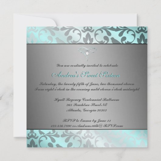 Elegant Blauwgroen en Zilver Uitnodiging met Bow (Achterkant)