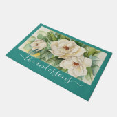 Elegant Blauwgroen Floral Magnolia Flowers Script  Deurmat (Schuin)