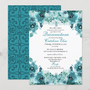 Elegant Blauwgroen Floral Quinceanera Birthday Kaart