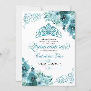 Elegant Blauwgroen Floral Quinceanera Birthday Kaart
