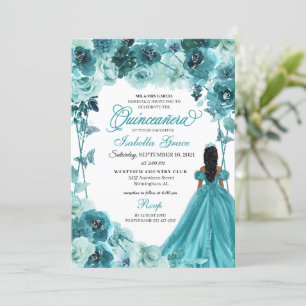 Elegant Blauwgroen Floral Quinceanera Uitnodiging