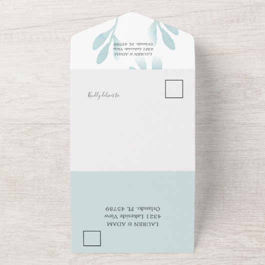 Elegant Blauwgroen Foliage Waterverf Wedding All In One Uitnodiging (Buitenkant)