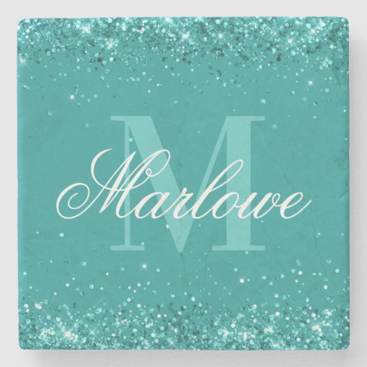 Elegant Blauwgroen Glitter Blue Green Monogram Stenen Onderzetter (Voorkant)