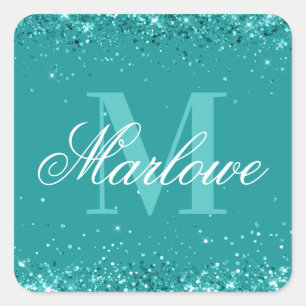 Elegant Blauwgroen Glitter Blue Green Monogram Vierkante Sticker