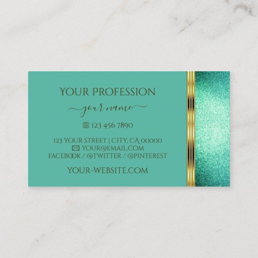 Elegant Blauwgroen Glitter Gold Border  Ornamenten Visitekaartje (Achterkant)