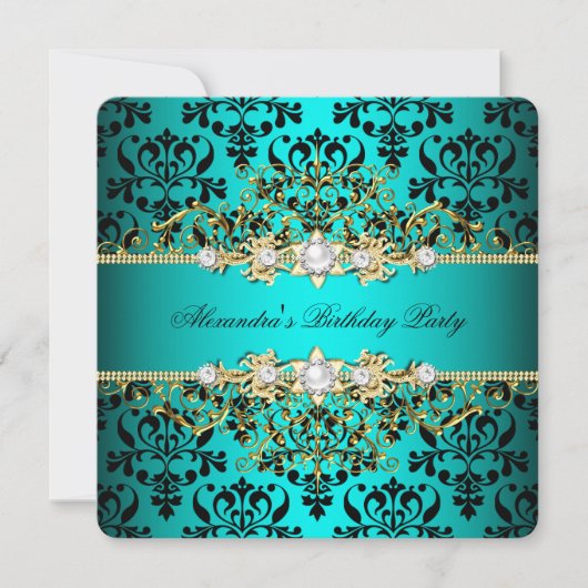 Elegant Blauwgroen Gold Black Damask Birthday Part Kaart (Voorkant)