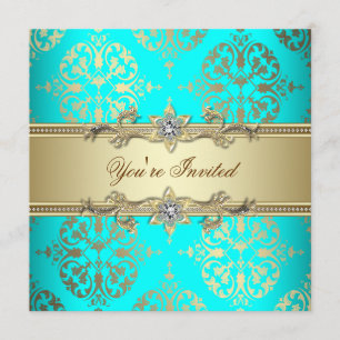 Elegant Blauwgroen Gold Damask Party Kaart