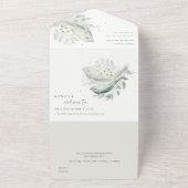 Elegant Blauwgroen Gold Underwater Floral Fish Wed All In One Uitnodiging (Buitenkant)