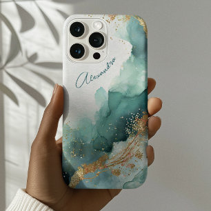 Elegant Blauwgroen Goud Abstracte Waterverf Custom iPhone 16 Pro Max Hoesje