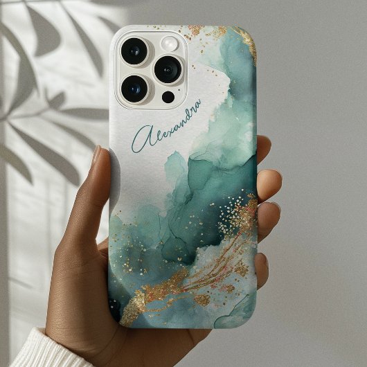 Elegant Blauwgroen Goud Abstracte Waterverf Custom Case-Mate iPhone Case