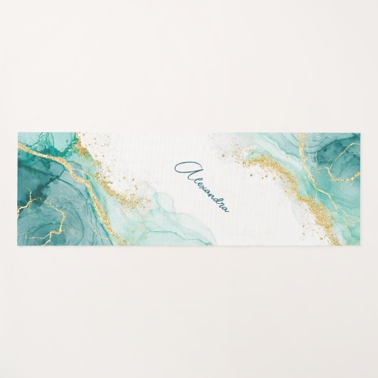 Elegant Blauwgroen Goud Abstracte Waterverf Custom Yogamat (Voorkant (horizontaal))