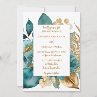 Elegant Blauwgroen & Goud Bloemen bruiloft Kaart