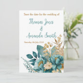 Elegant Blauwgroen & Goud Bloemen Flat Save De Dat Save The Date (Staand voorkant)