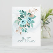 Elegant Blauwgroen Goud Bloemen Gelukkig Jubileum Feestdagenkaart (Staand voorkant)